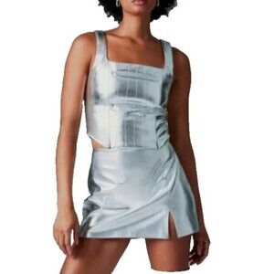 Steve Madden Women's Mallika Silver Corset Faux Leather Top Size M NWT Y2K Disco